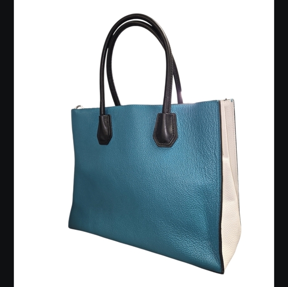 Michael Kors Large Mercer Teal Blue, Black, White Crossbody Leather Tote - Picture 2 of 10